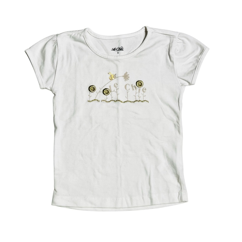 Chic White Tee‎ with Cute Golden Floral Design